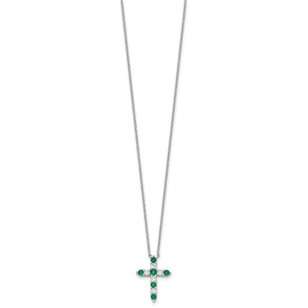 SS Rhodium-plated Green CZ May Birthstone Cross w/2in ext Necklace
