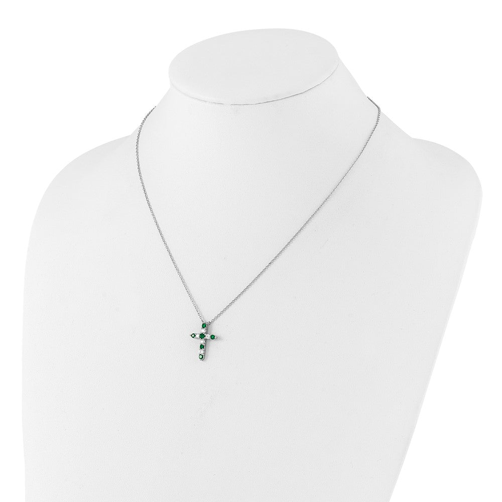 SS Rhodium-plated Green CZ May Birthstone Cross w/2in ext Necklace