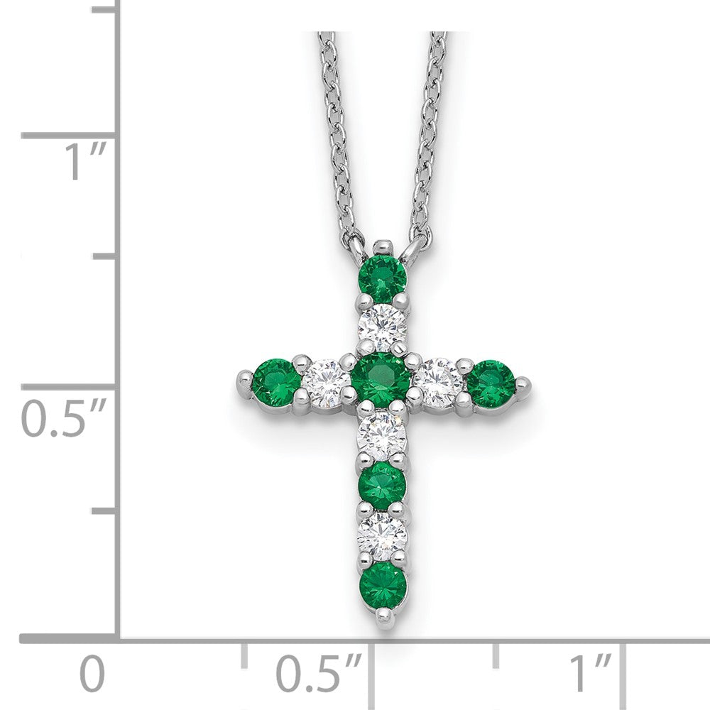 SS Rhodium-plated Green CZ May Birthstone Cross w/2in ext Necklace