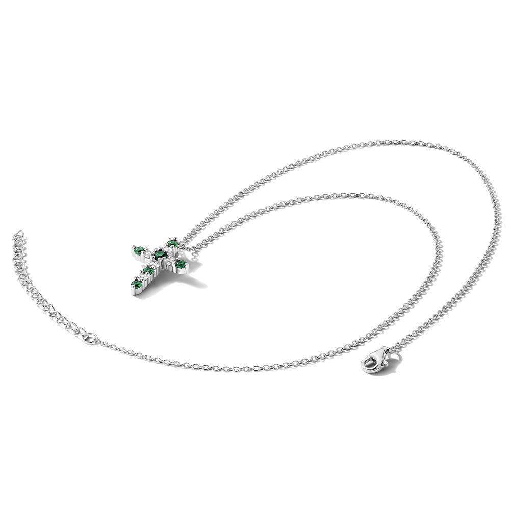 SS Rhodium-plated Green CZ May Birthstone Cross w/2in ext Necklace