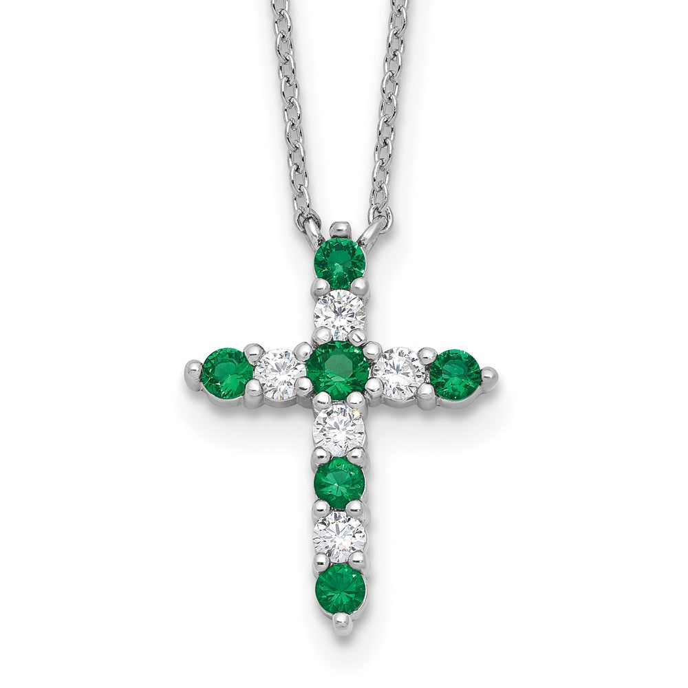 SS Rhodium-plated Green CZ May Birthstone Cross w/2in ext Necklace