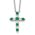 SS Rhodium-plated Green CZ May Birthstone Cross w/2in ext Necklace
