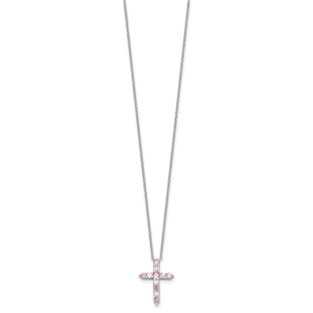 SS Rhodium-plated Pink CZ October Birthstone Cross w/2in ext Necklace
