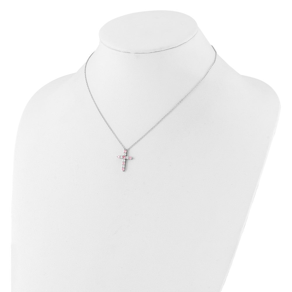 SS Rhodium-plated Pink CZ October Birthstone Cross w/2in ext Necklace