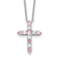 SS Rhodium-plated Pink CZ October Birthstone Cross w/2in ext Necklace
