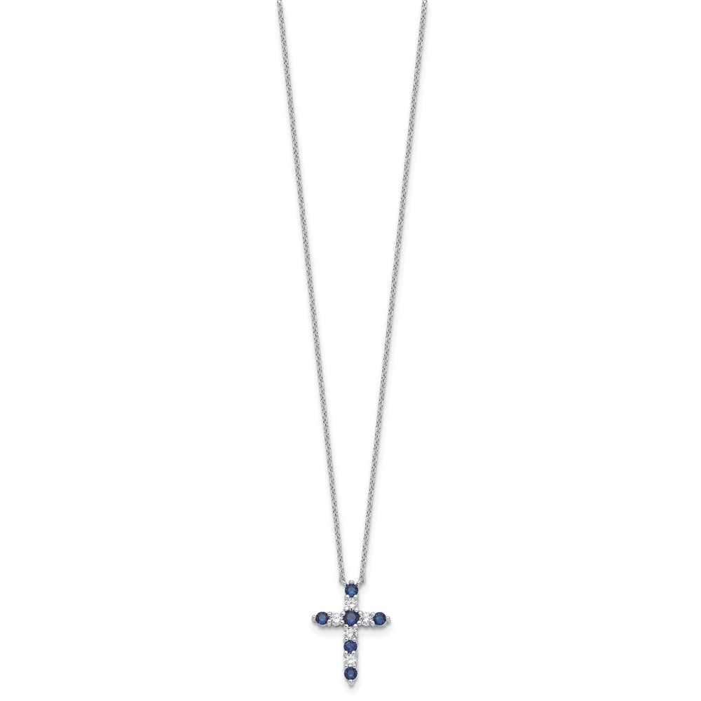 SS Rhodium-plated Dark Blue CZ Sept Birthstone Cross w/2in ext Necklace