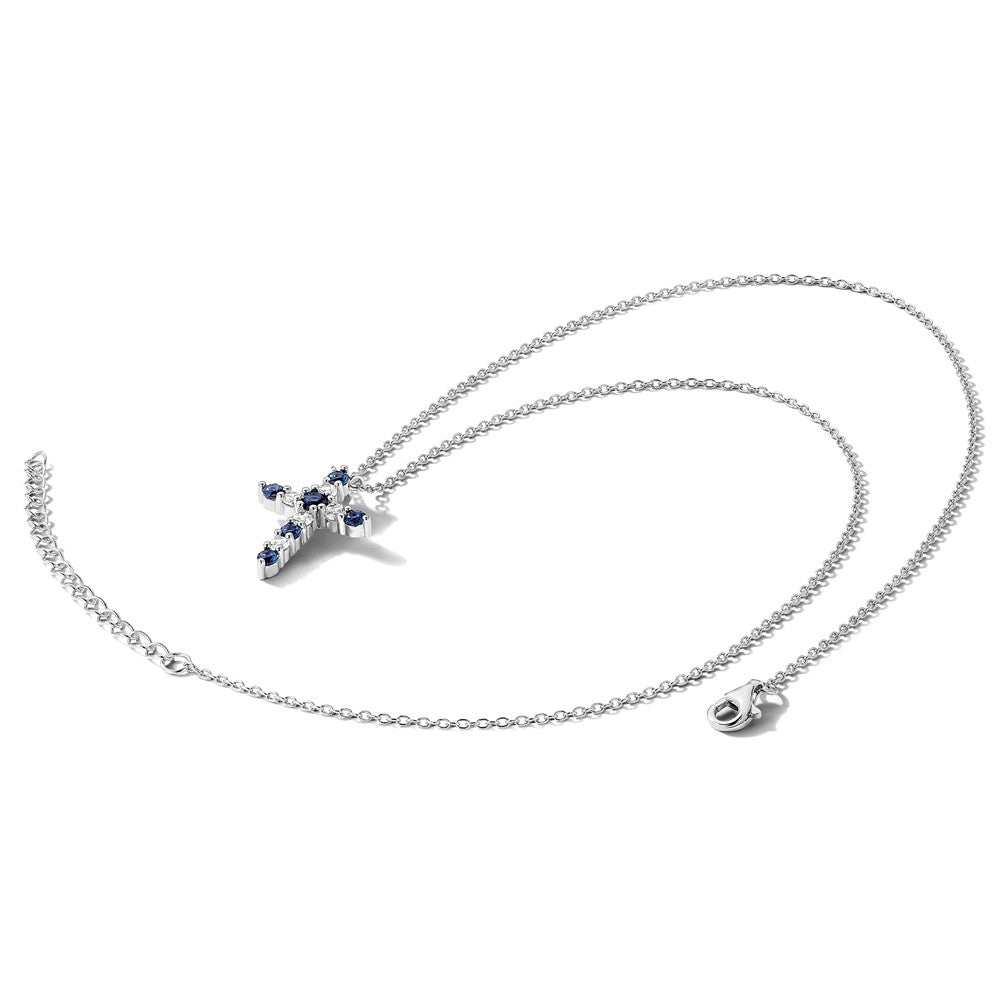 SS Rhodium-plated Dark Blue CZ Sept Birthstone Cross w/2in ext Necklace