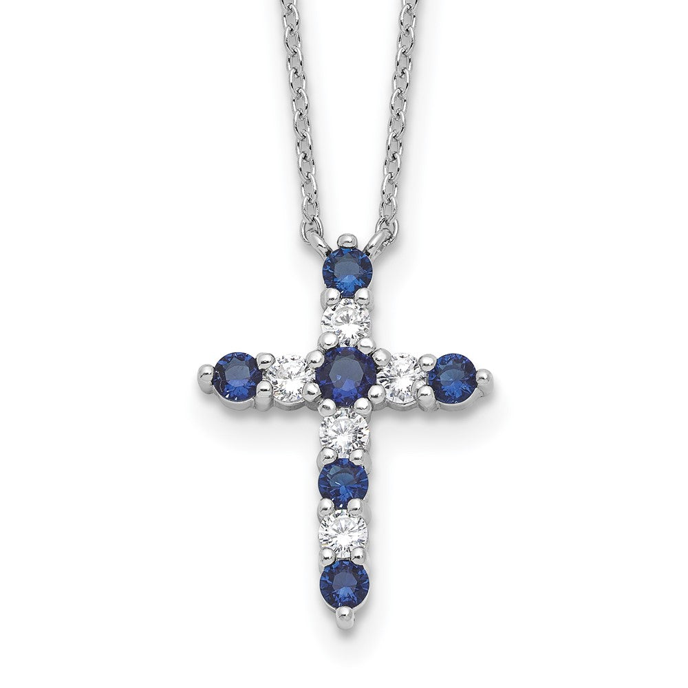 SS Rhodium-plated Dark Blue CZ Sept Birthstone Cross w/2in ext Necklace
