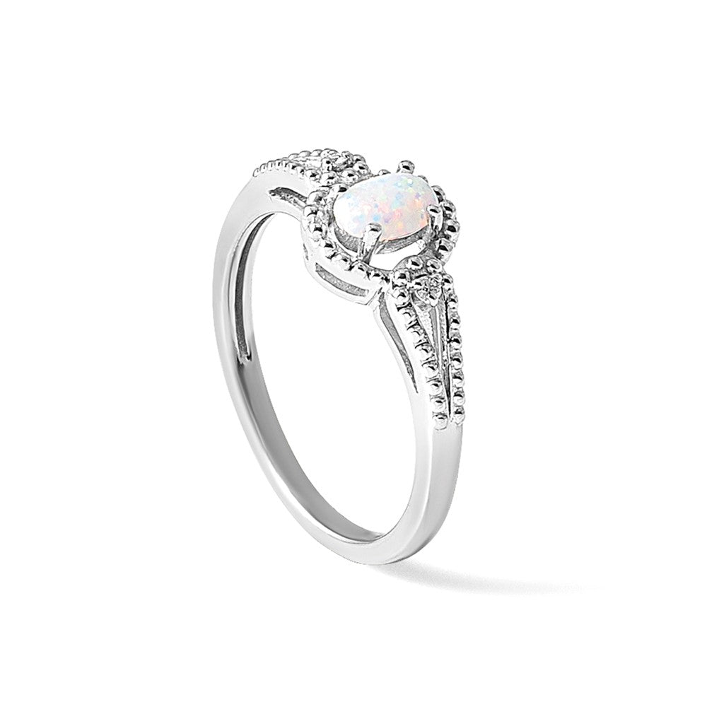Sterling Silver Rhodium-plated Created Opal & Diam. Ring