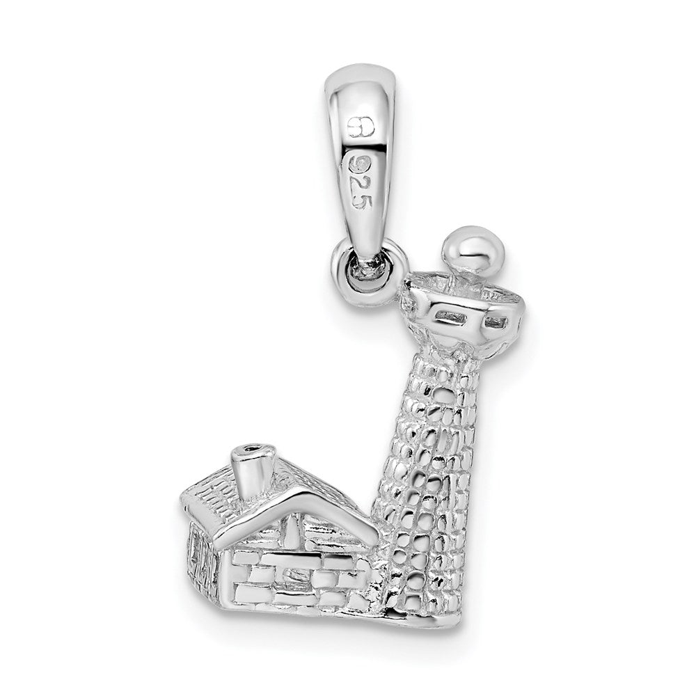 Sterling Silver Rhod-plated Polished/Textured 3D Lighthouse Pendant