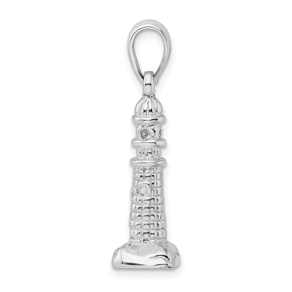 Sterling Silver Rhodium-plated Polished/Textured 3D Lighthouse Pendant