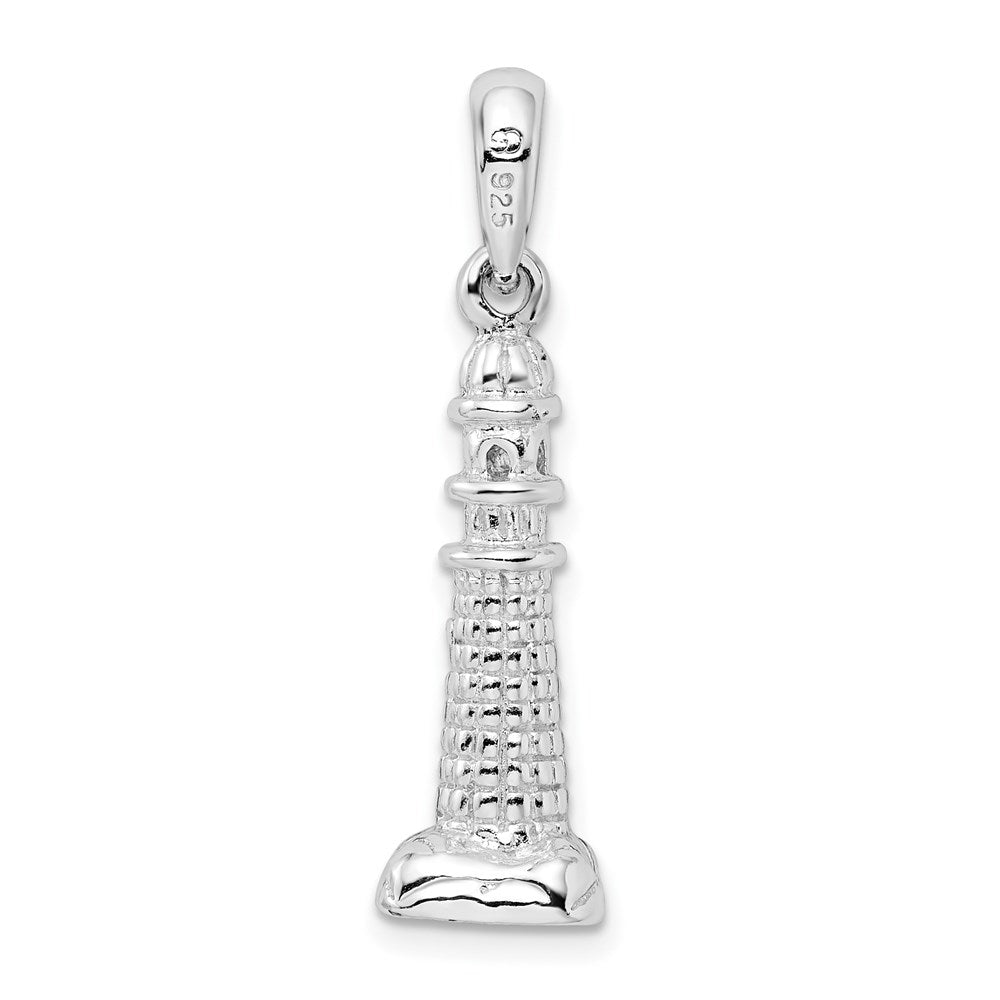Sterling Silver Rhodium-plated Polished/Textured 3D Lighthouse Pendant