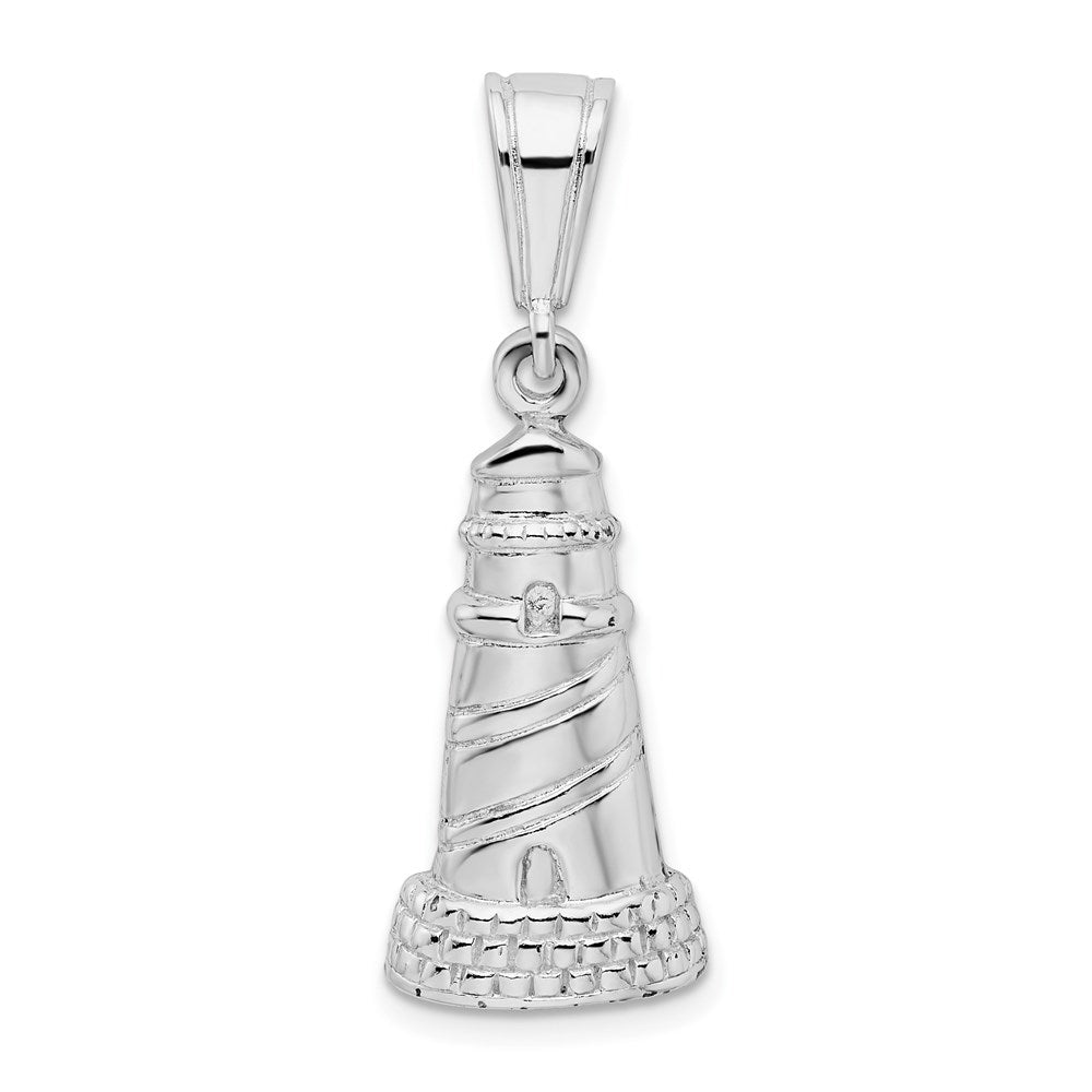 Sterling Silver Rhodium-plated Polished/Textured Lighthouse Pendant