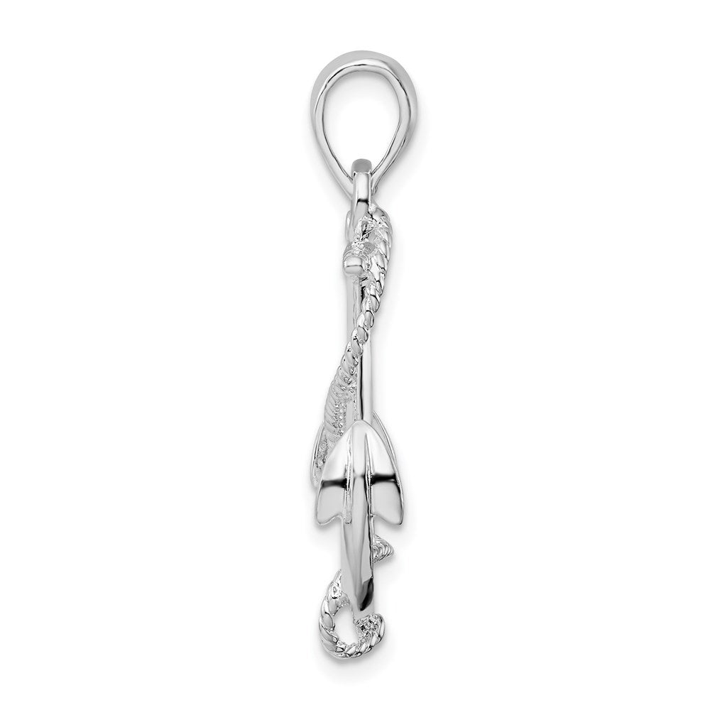 Sterling Silver Rhodium-plated Polished 3D Anchor w/Rope Pendant