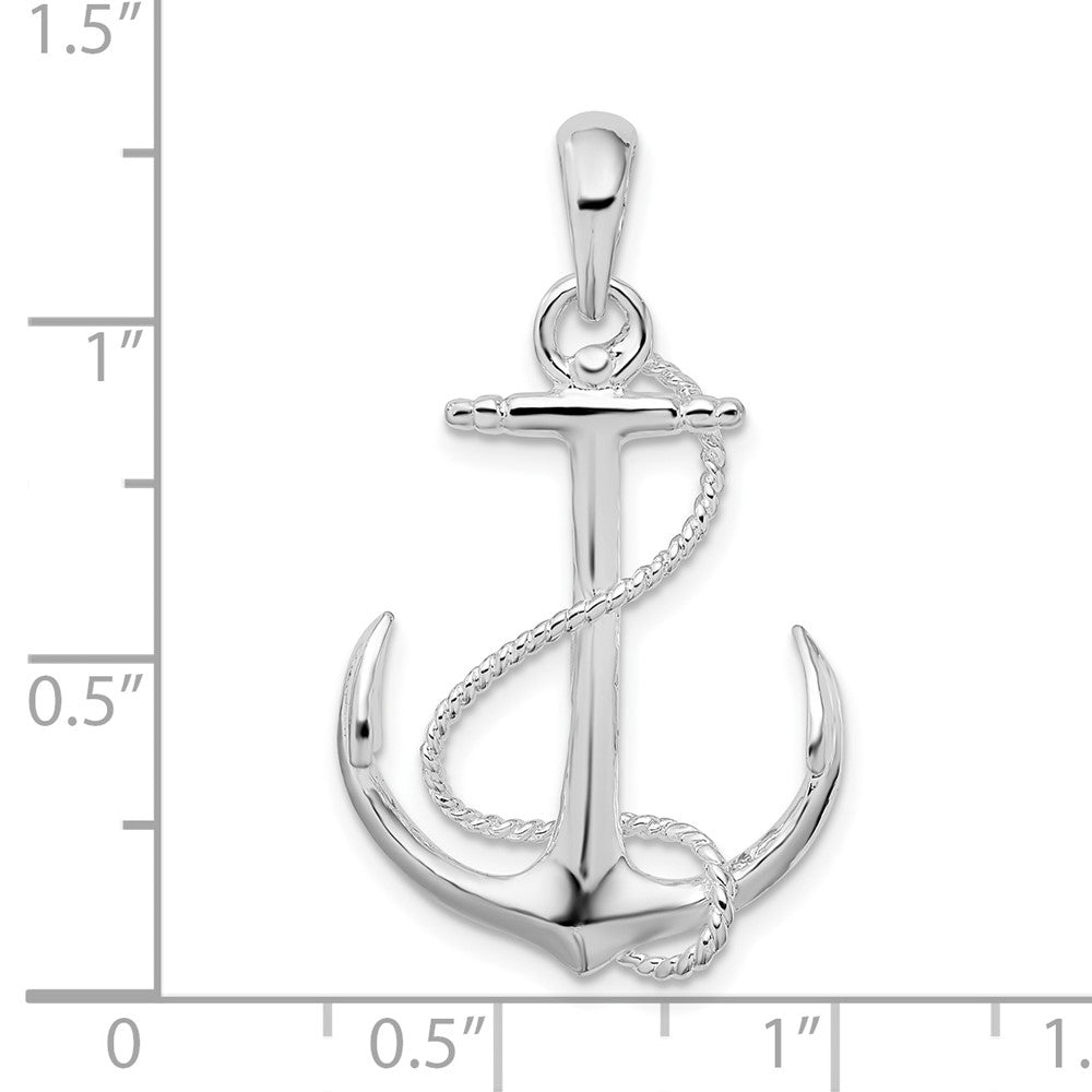 Sterling Silver Rhodium-plated Polished 3D Anchor w/Rope Pendant