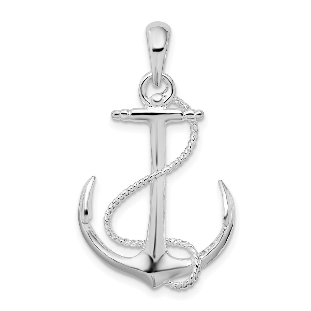 Sterling Silver Rhodium-plated Polished 3D Anchor w/Rope Pendant