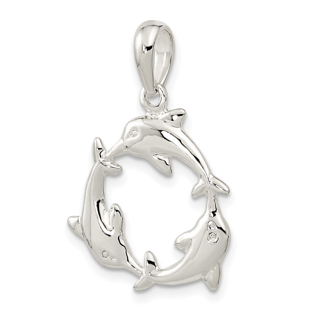 Sterling Silver Rhodium-plated Polished 3 Dolphin Circle Pendant