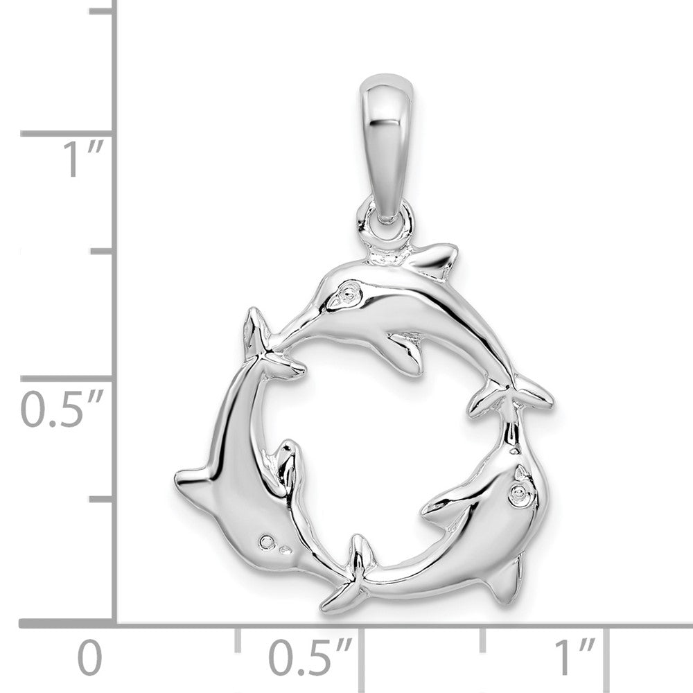 Sterling Silver Rhodium-plated Polished 3 Dolphin Circle Pendant