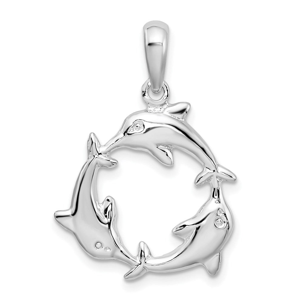 Sterling Silver Rhodium-plated Polished 3 Dolphin Circle Pendant