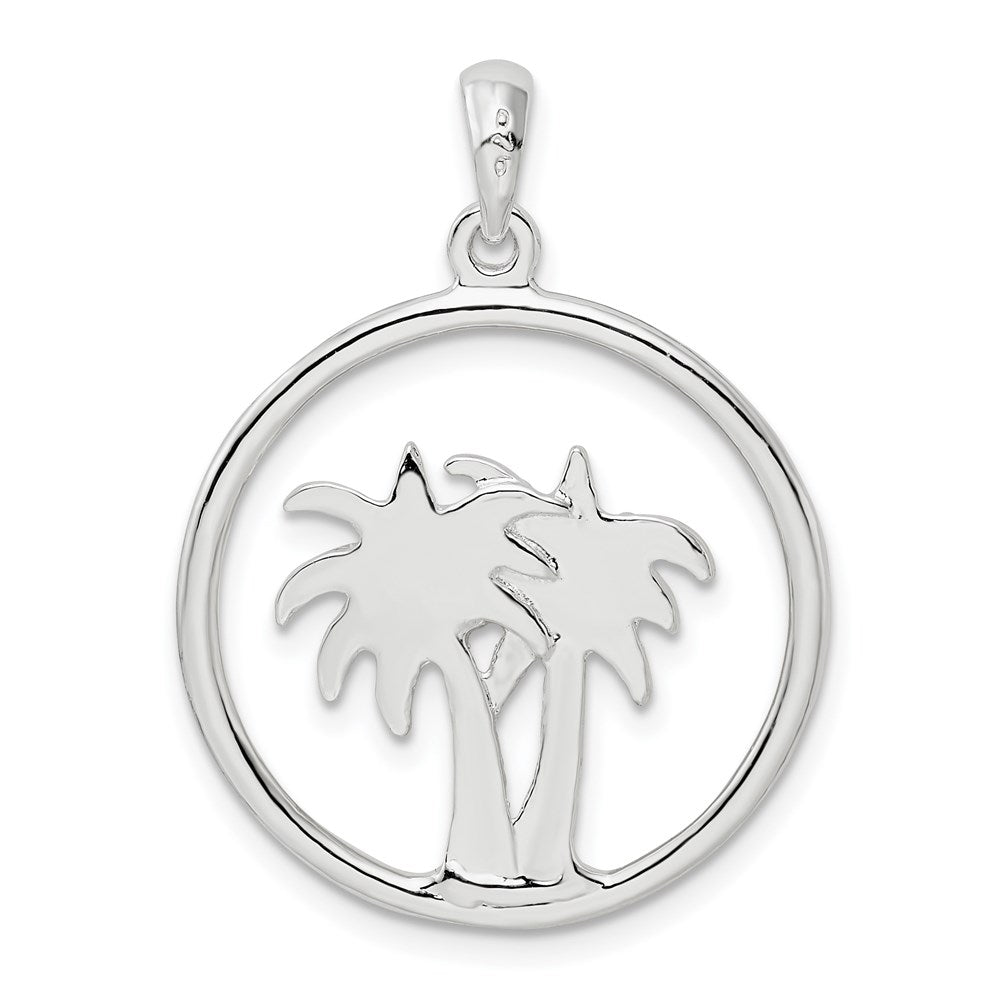 Sterling Silver Rhodium-plated Polished Double Palm Tree Circle Pendant