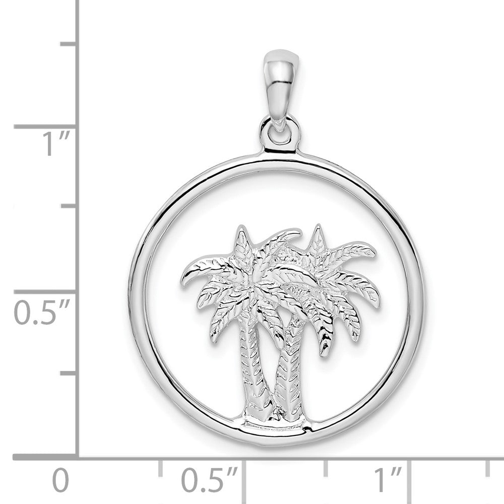 Sterling Silver Rhodium-plated Polished Double Palm Tree Circle Pendant