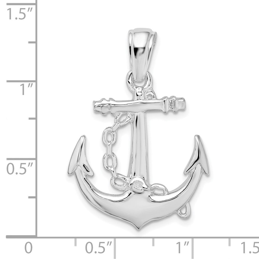Sterling Silver Rhodium-plated Polished 3D Anchor w/Chain Pendant
