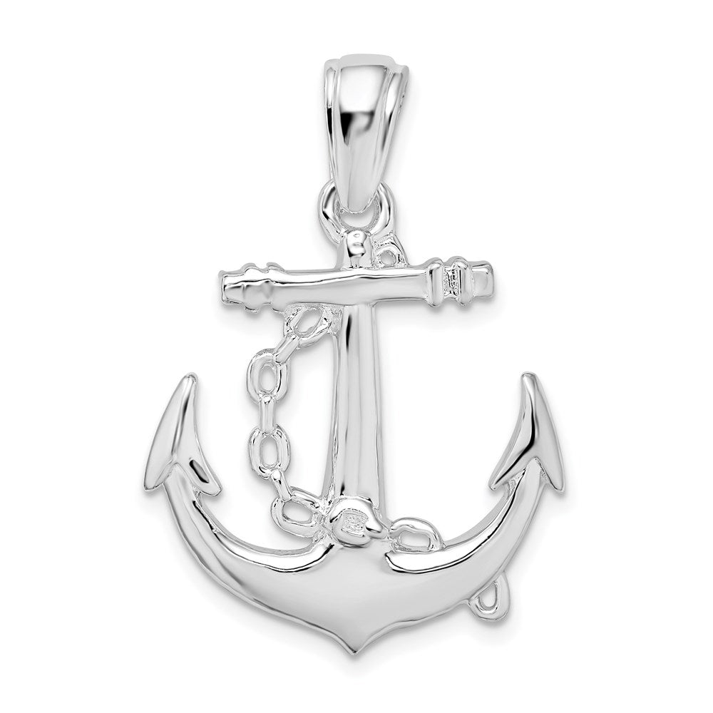 Sterling Silver Rhodium-plated Polished 3D Anchor w/Chain Pendant
