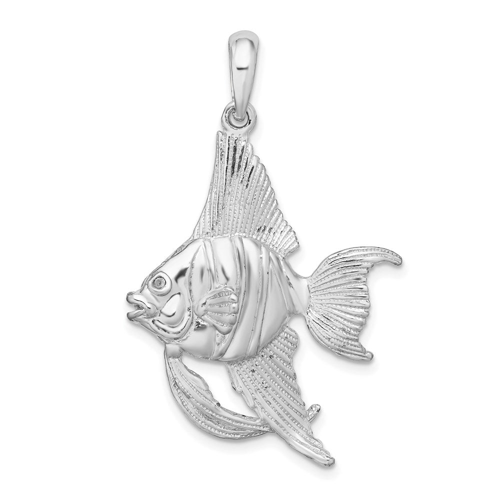 Sterling Silver Rhodium-plated Polished/Textured 3D Angel Fish Pendant