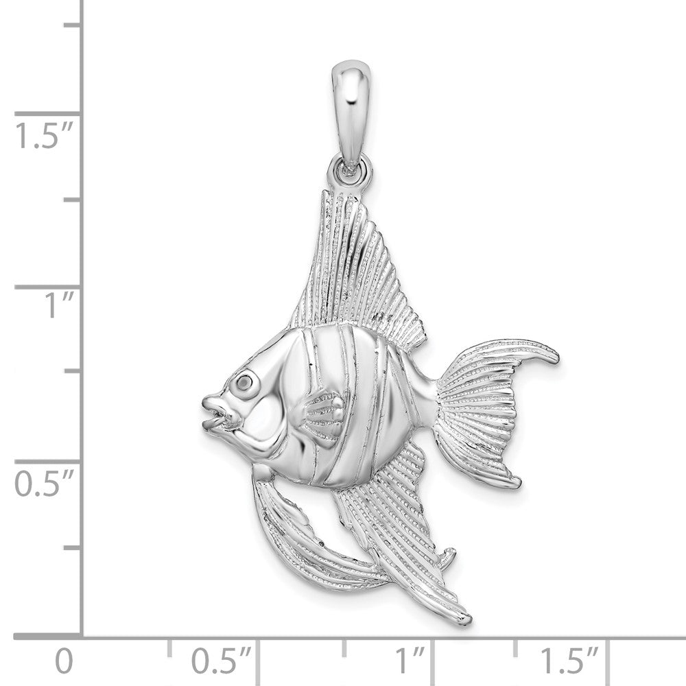 Sterling Silver Rhodium-plated Polished/Textured 3D Angel Fish Pendant