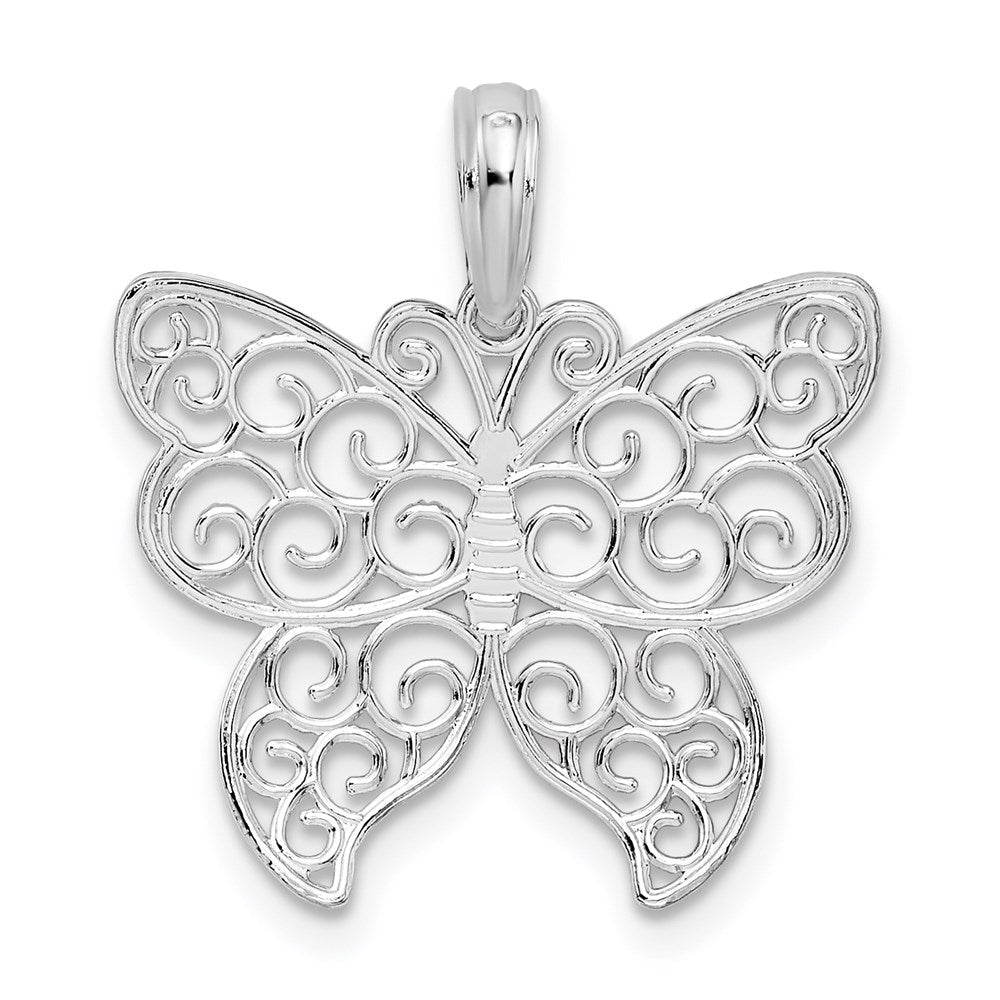 Sterling Silver Rhodium-plated Polished Filigree Wing Butterfly Pendant