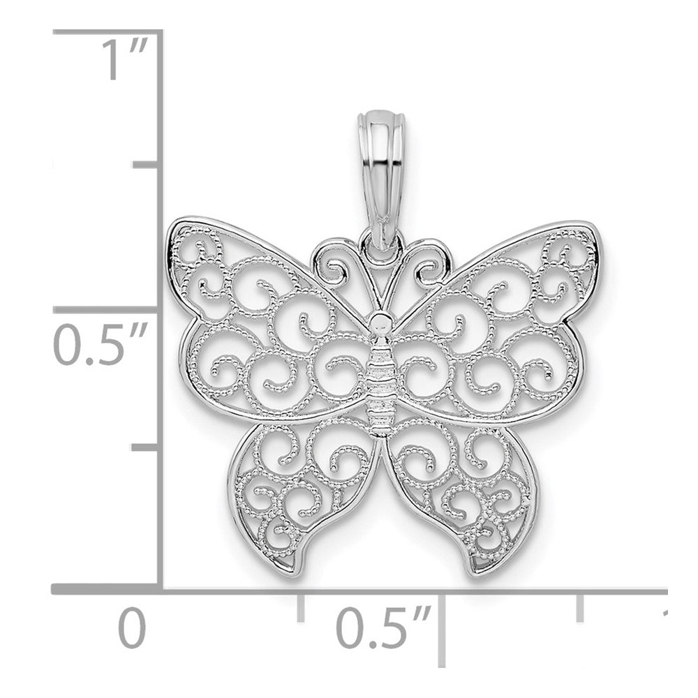 Sterling Silver Rhodium-plated Polished Filigree Wing Butterfly Pendant