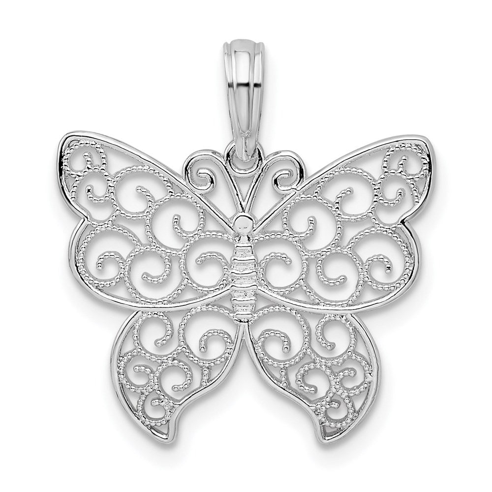 Sterling Silver Rhodium-plated Polished Filigree Wing Butterfly Pendant