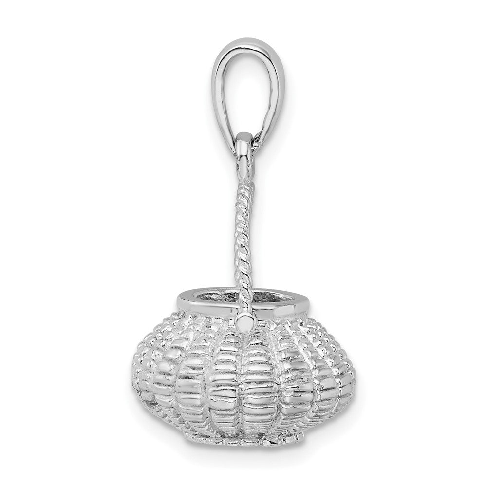 Sterling Silver Rhod-plated 3D Flower Basket Moveable Handle Pendant