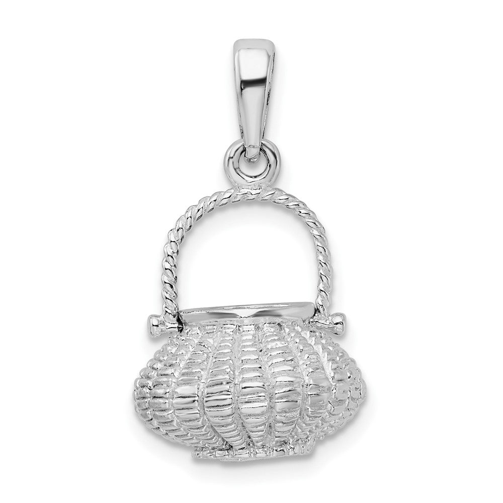 Sterling Silver Rhod-plated 3D Flower Basket Moveable Handle Pendant