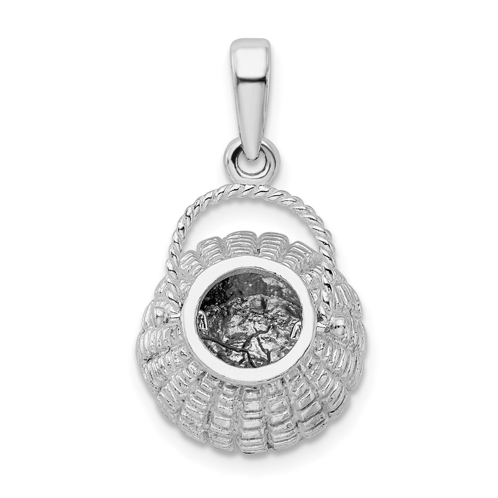Sterling Silver Rhod-plated 3D Flower Basket Moveable Handle Pendant