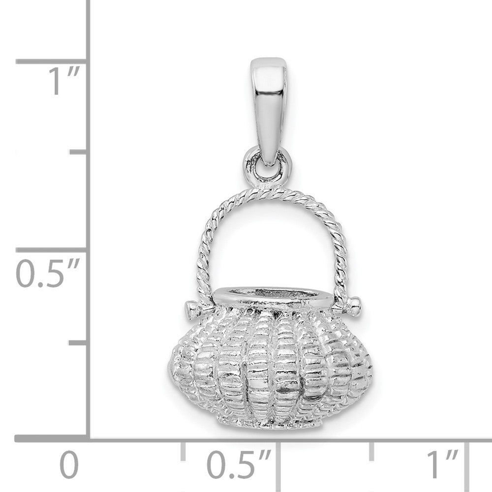 Sterling Silver Rhod-plated 3D Flower Basket Moveable Handle Pendant