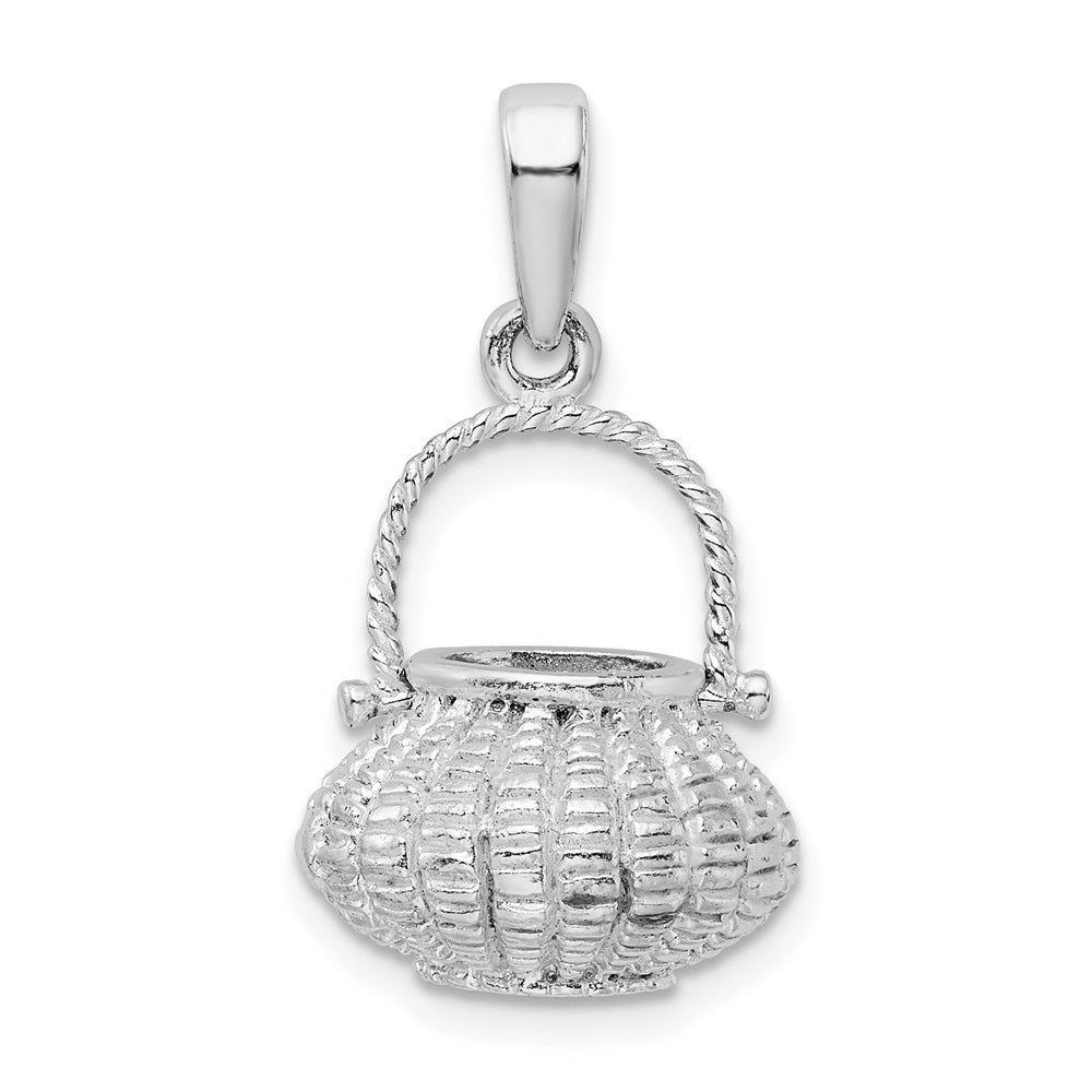 Sterling Silver Rhod-plated 3D Flower Basket Moveable Handle Pendant