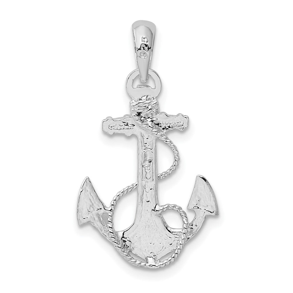 Sterling Silver Rhod-plated Polished/Textured Anchor w/Rope Pendant
