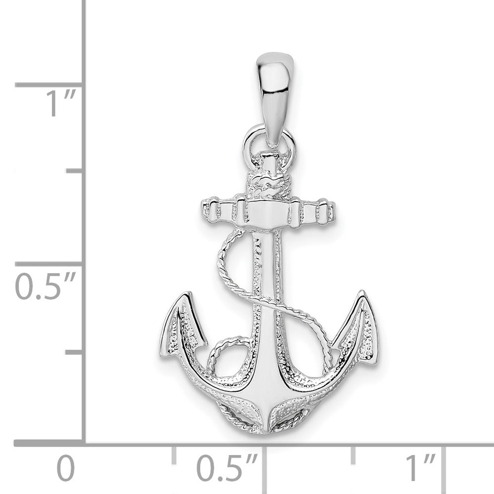Sterling Silver Rhod-plated Polished/Textured Anchor w/Rope Pendant