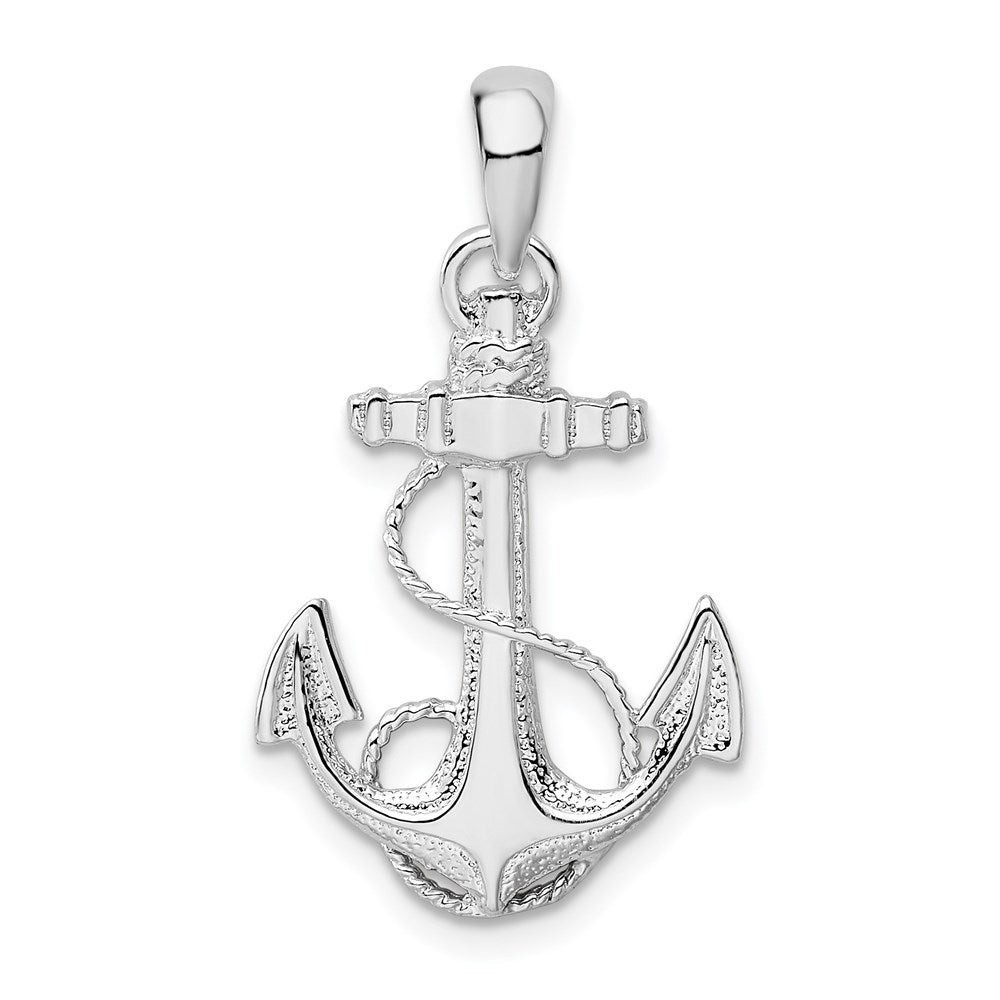 Sterling Silver Rhod-plated Polished/Textured Anchor w/Rope Pendant