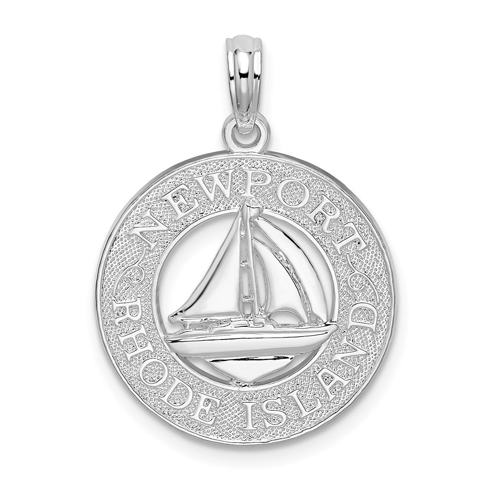 Sterling Silver RH-plated Newport Rhode Island w/Sailboat Circle Pendant