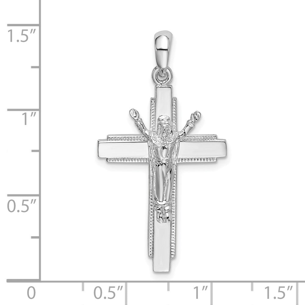 Sterling Silver Rhodium-plated Polished Beaded Edge Crucifix Pendant