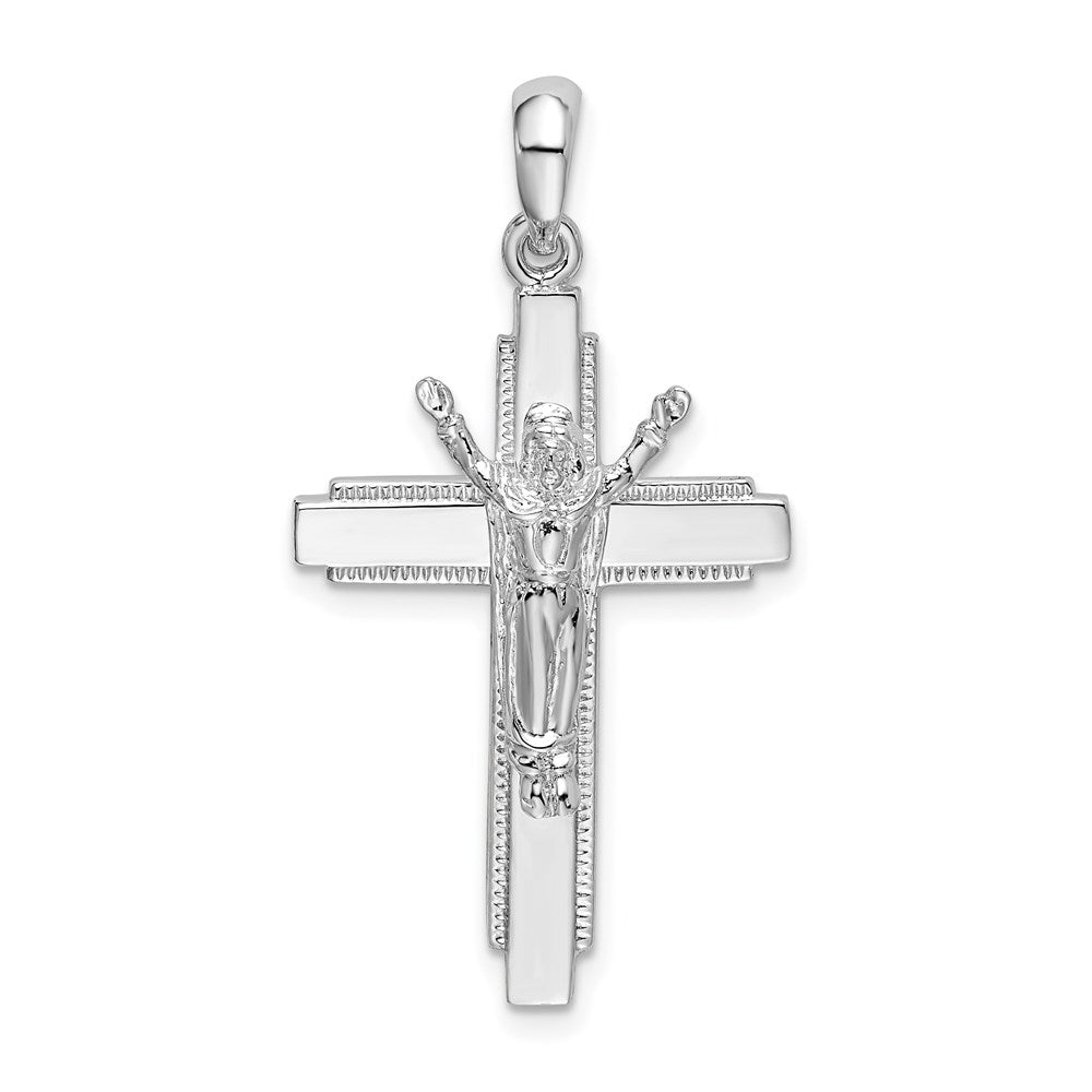 Sterling Silver Rhodium-plated Polished Beaded Edge Crucifix Pendant