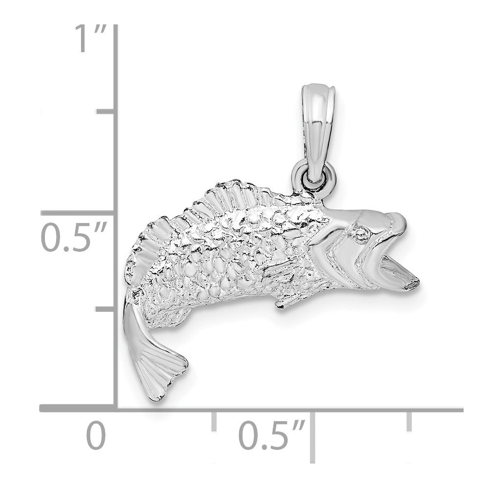 Sterling Silver Rhodium-plated Polished Bass Fish Curved Tail Pendant