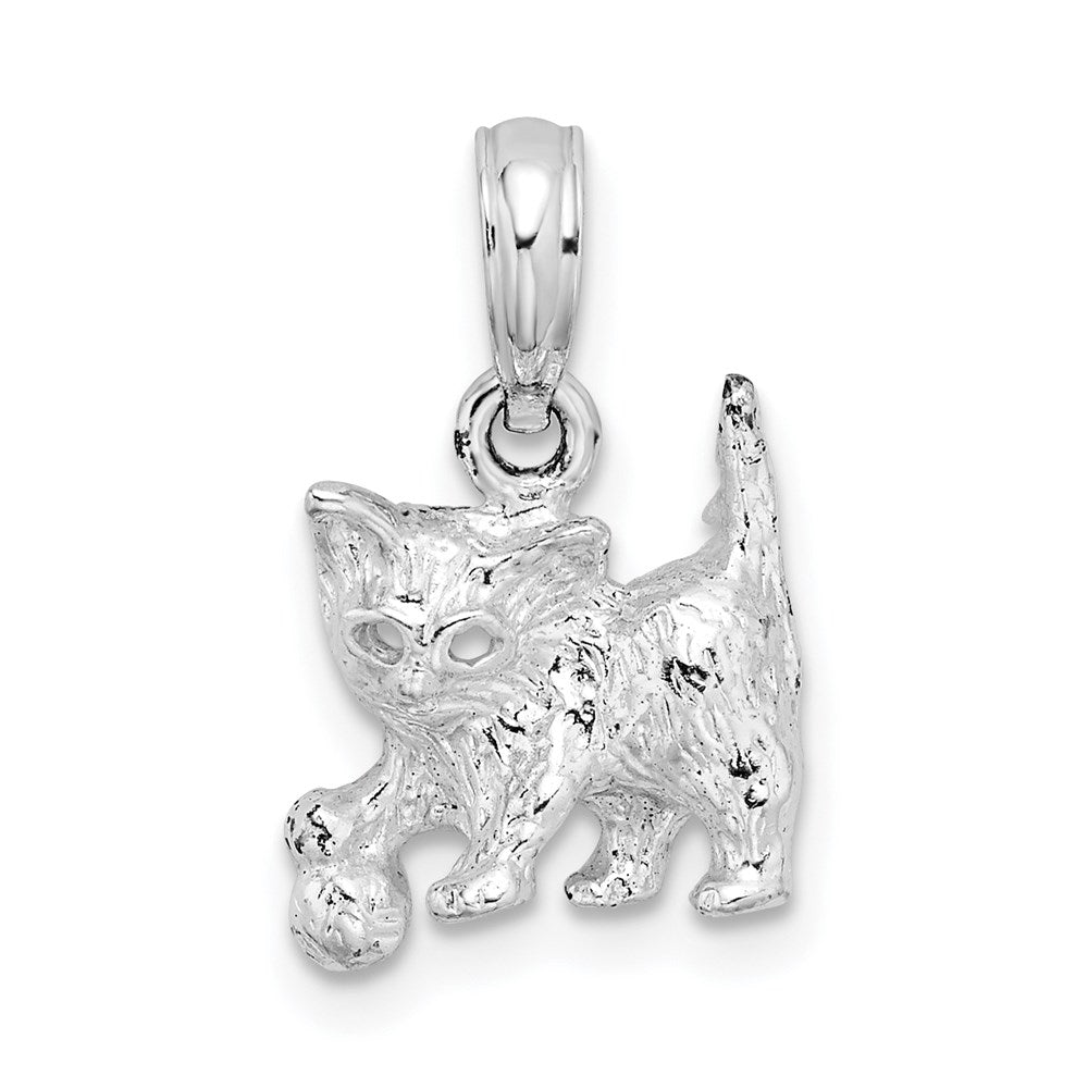 Sterling Silver Rhodium-plated Polished Cat w/Ball Pendant