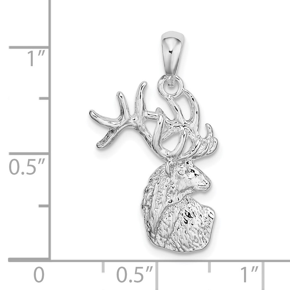 Sterling Silver Rhodium-plated Polished/Textured Deer Head Pendant