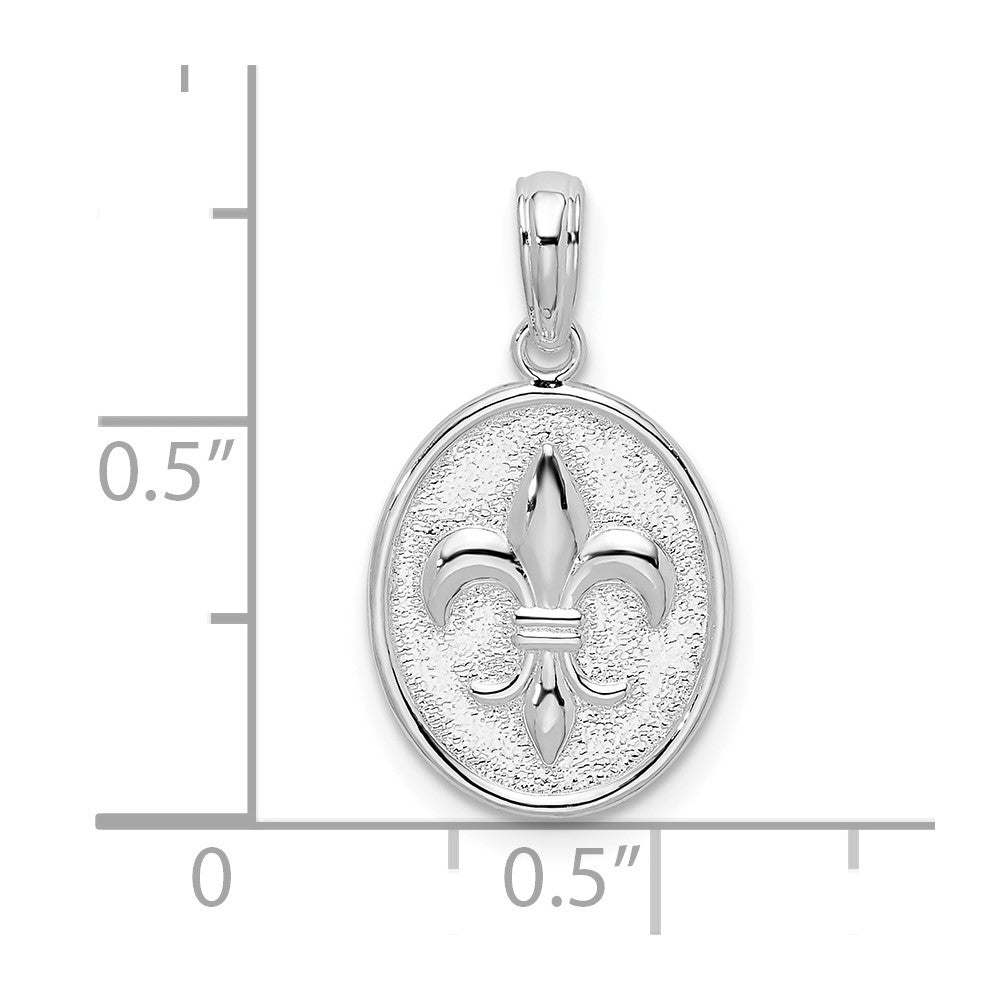 Sterling Silver Rhod-plated Polished/Textured Fleur de Lis Oval Pendant