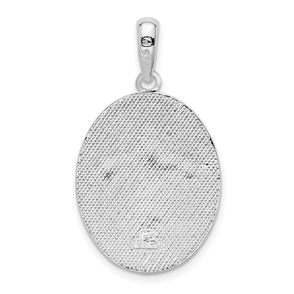 Sterling Silver Rhod-plated Polished/Textured Fleur de Lis Oval Pendant