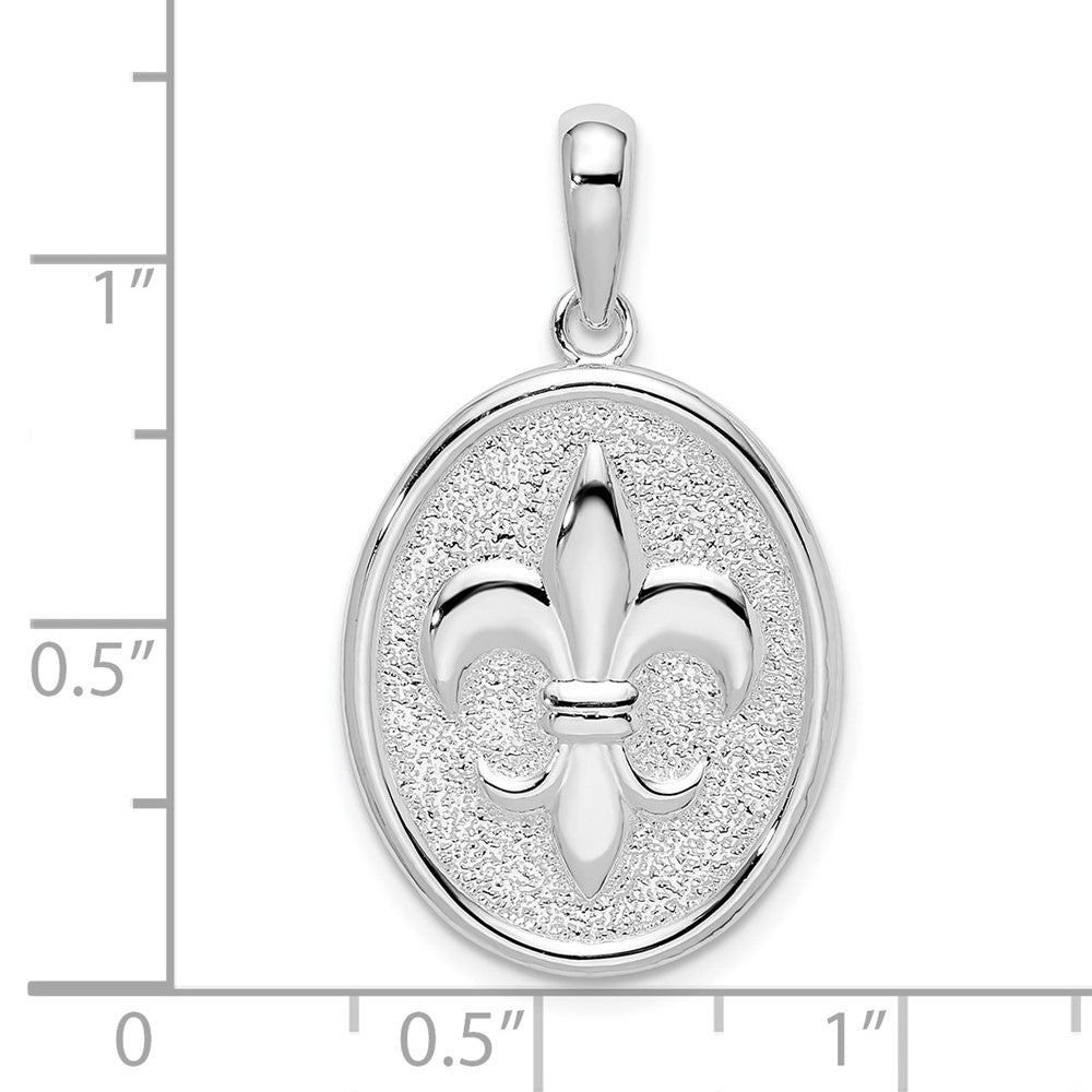 Sterling Silver Rhod-plated Polished/Textured Fleur de Lis Oval Pendant