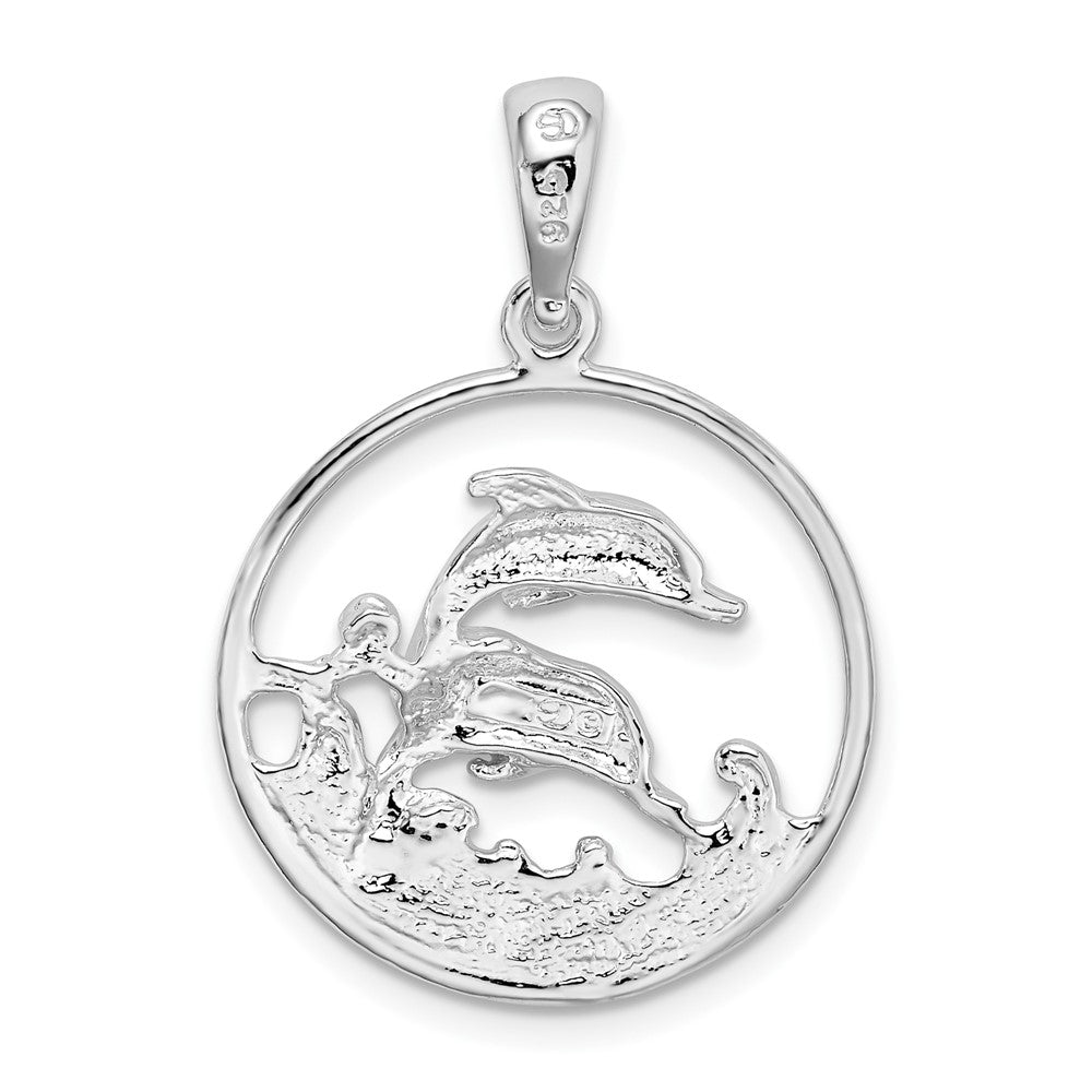 Sterling Silver Rhod-plated Polished Dolphins Swimming Oval Pendant